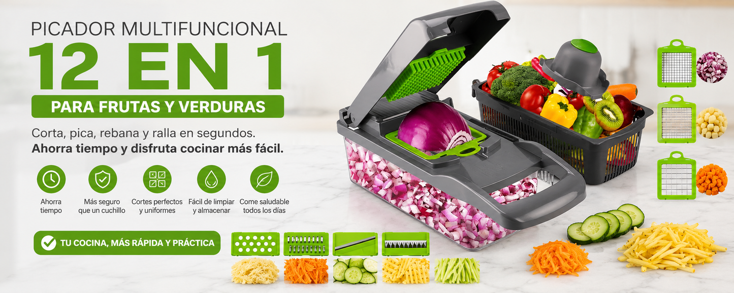 Picador Multifuncional 12 en 1 para Frutas y Verduras